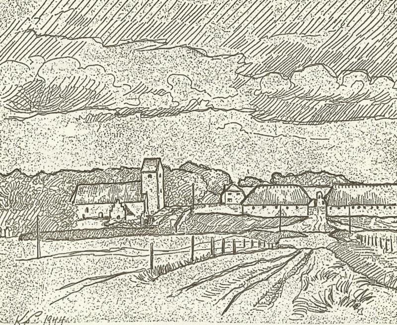 Kirkevejen mellem Barmer og Sebber Kloster set mod syd.(Tegning KP 1944)
